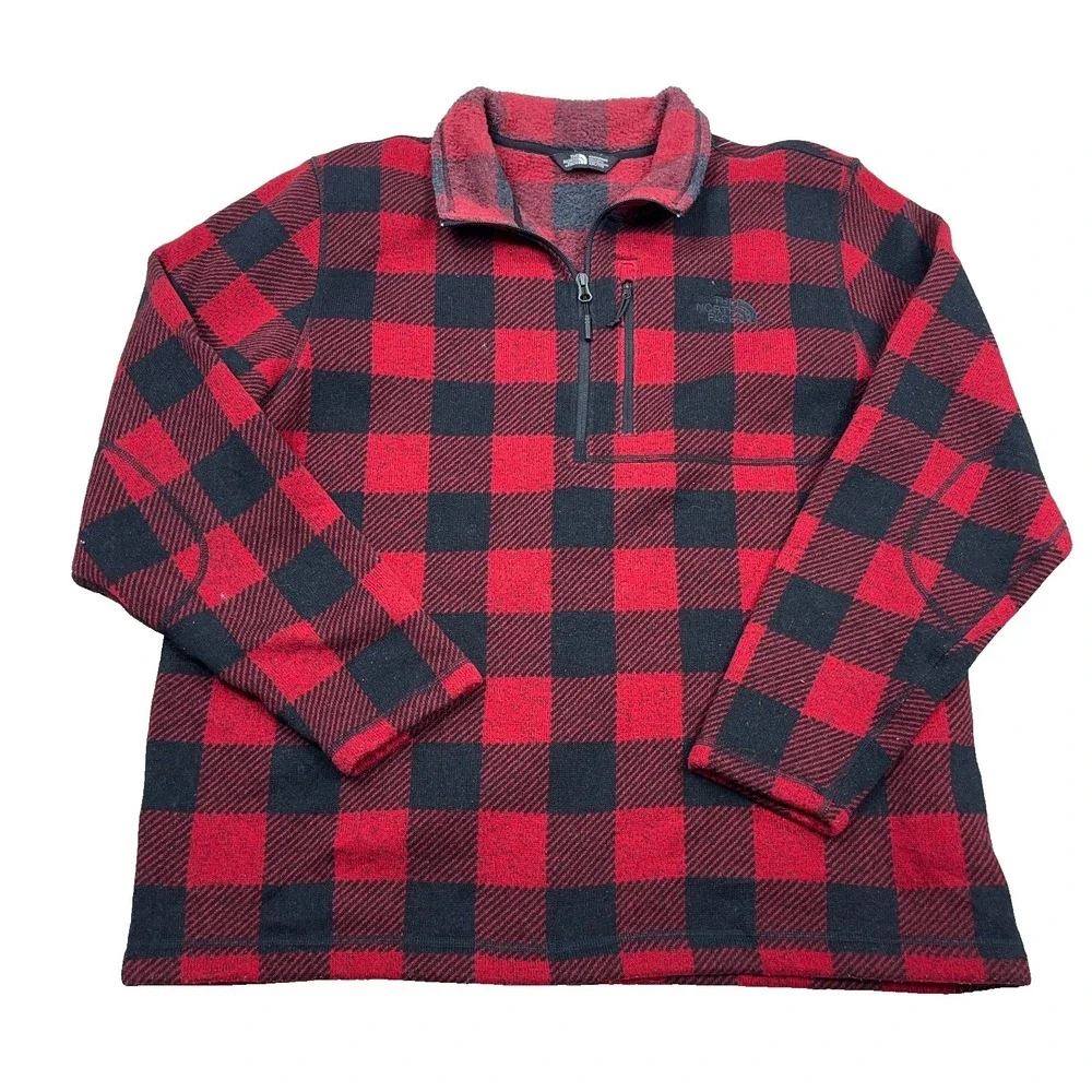 North Face Sweater Men XXL Red Black Buffalo Plaid Pullover 1/2 Zip Gordon Lyons